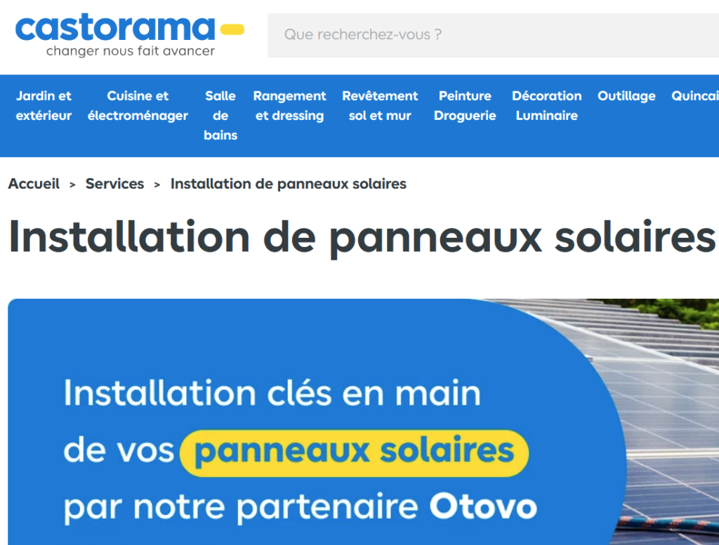 Castorama propos les installations clés en mains d’Otovo France en exclusivité sur son site internet, à l’achat ou en location 