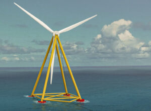 T-Omega Wind propose un flotteur quadripode pyramidal soutenant la turbine en s'affranchissant du lourd mât central